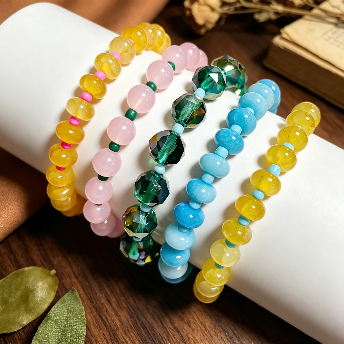 5pcs Macaron Abacus Bead Stretch Bracelet Set